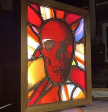 stained glass panel skull in walnut