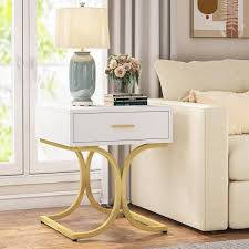 Byblight Fenley 1 Drawer White And Gold Nightstand Bedside Table 23 6 In H X 17 7 In W X 15 8 In D