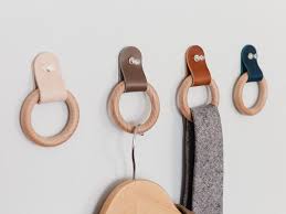Wooden Ring Hook With Leather Loop Wall