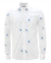 Mens White Embroidered Dragonflies Shirt