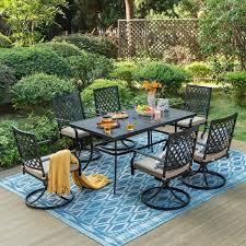Phi Villa 7 Piece Metal Outdoor Patio Outdoor Dining Set With Rectangle Table And Swivel Chairs With Beige Cushions