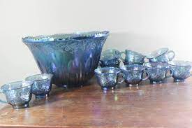 Blue Carnival Glass Punch Bowl With 12