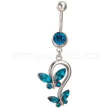 piercing jewelry real platinum plated br rhinestone double erfly navel ring belly rings blue zircon 51x17mm bar length