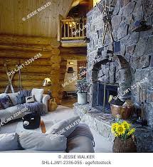 Rustic Log Home Stone Fireplace