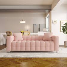 Modern 80 In W Slope Arm Velvet Upholstered Tufted Rectangle Sofa With Metal Leg 3 Seater Couch With 2 Pillows In Pink