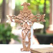 Hand Carved Wood Wall Cross With Fl