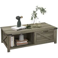 homcom farmhouse coffee table with storage and drawer grey gray