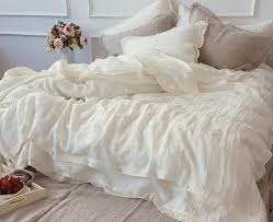linen lace bedding set in off white