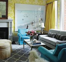 turquoise blue and yellow living room