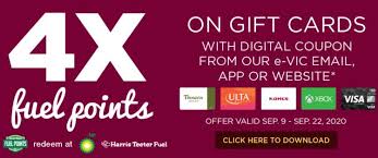 We did not find results for: Expired Harris Teeter Earn 4x Fuel Points On 3rd Party Gift Cards Fixed Value Visa Gift Cards Ends 9 22 20 Gc Galore