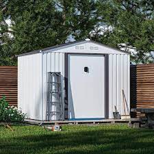 Jaxpety 8 4 Ft W X 6 7 Ft D Outdoor Galvanized Steel Storage Shed With Sliding Door Garden Building White Gray 56 28 Sq Ft
