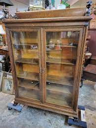 Antique Oak Large Bookcase W Glass