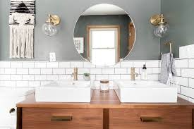 Clean lines are shown by simple brown vanity and a white countertop sink. Mid Century Dresser Into Vanity Bright Green Door