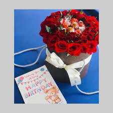 Deliver a festive birthday box filled with chocolate dipped strawberries, cookies, candies, coffee, and all kinds of snacks to shower your friends and loved ones with yummy birthday excitement. Birthday Flower Box Nairobi Fresh Flowers