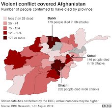 Below is a collection of charts, maps and graphs exploring the conflict, from its beginning in 2001 following the 9/11 terrorist attacks to where we are now. Afghanistan War Tracking The Killings In August 2019 Bbc News