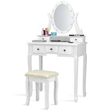 Costway White Wood Vanity Set Makeup Dressing Table Chair With 5 Drawers And Lighted Mirror Set Of 2 Hw60151wh The Home Depot