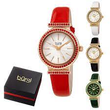 Women's Burgi BUR243 Swarovski Crystal Guilloche Dial Patent Leather  Strap Watch | eBay