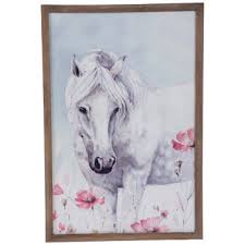 white horse in flower field wood wall