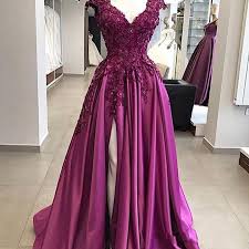 2020 Sexy Long Fushcia Prom Dresses Cap Sleeve V Neck Beadsfloral Appliques Side Split Satin A Line Party Gowns Custom Made Evening Dress Xscape Prom