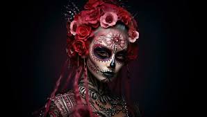 sugar skull makeup and red flowers