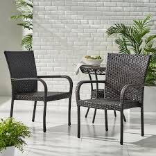 Noble House Wicker Stackable Patio Dining Arm Chair In Gray Set Of 2