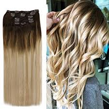 Many girls want to lighten their naturally blonde hair to make it just a little brighter and bolder, especially during the summer months. Youngsee 18inch 7pcs Clip In Human Hair Extensions Dark Brown Fading To Caramel Brown Mixed Lightest Blonde Full Head Balayage Clip In Human Hair Extensions Straight 120g Per Set Amazon In Beauty