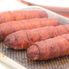 bacon wrapped sausage bush cooking