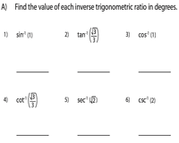 Inverse Trigonometric Functions Worksheets Trig Ratios
