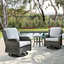 Hooowooo Oreille Grey 3 Piece Wicker Outdoor Patio Conversation Swivel Chair Set With A Side Table And Light Grey Cushions