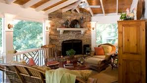Screened Porch With Fireplace And White