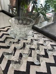 Vintage Glass Punch Bowl With 12 Tea