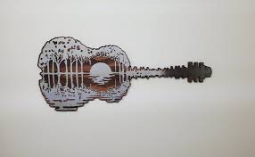 Sunset Guitar Lake Reflections Metal