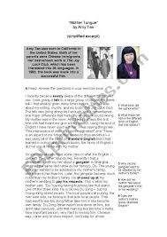 mother tongue adapted excerpt of an essay by amy tan esl mother tongue adapted excerpt of an essay by amy tan worksheet