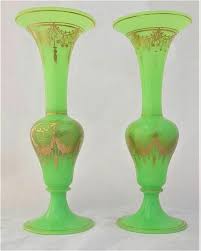 Green Uranium Opaque Glass Vases Gilded