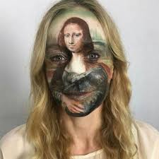 woman paints the mona lisa on her face
