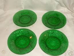 4 emerald green depression glass plates