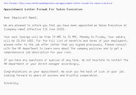 Appointment Letter Format For Sales Executive