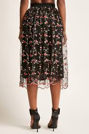 Alternate view of the mesh overlay midi skirt. Floral Embroidered Mesh Midi Skirt Shopperboard