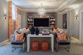 Navy And Orange Basement Family Rooms