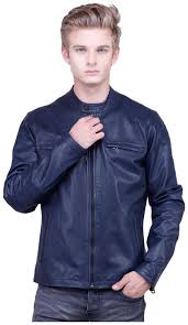 Justanned Men Leather Regular Fit Jacket Blue