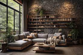 Stone Fireplace And A Wooden Shelf
