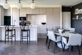 grey herringbone wood floors in kitchen
