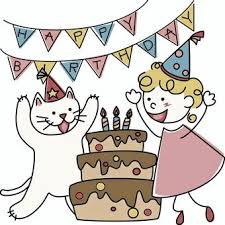 white cat and curly happy birthday