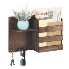 Oumilen Brown Wall Mounted Wooden Mail Sorter Organizer With 3 Key Hooks Rustic Floating Shelf