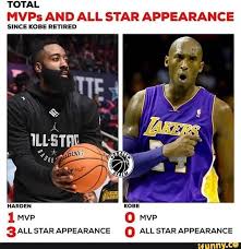 Updated daily, for more funny memes check our homepage. Total Mvps And All Star Appearance Since Kobe Retired Ifunny Kobe Bryant Memes Funny Sports Memes All Star