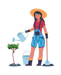 Garden Cartoon Young Female Planting