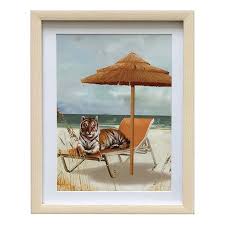 Glass Framed Tiger On Beach Print Wall