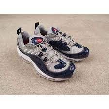 The supreme x air max 98 'obsidian' features a metallic silver mesh upper with reflective piping and obsidian blue patent leather overlays. Nike Lab Air Max 98 Supreme Obsidian 844694 400 Sneaker Head Air Max Nike