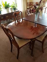 Frame is hand carved, upholstery on seat is. American Drew Walnut Cherry Stain Dining Table 8 Queen Anne Chairs Leaves Estatesales Org