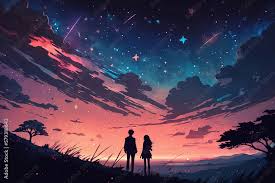 starlit romance anime couple gazing at